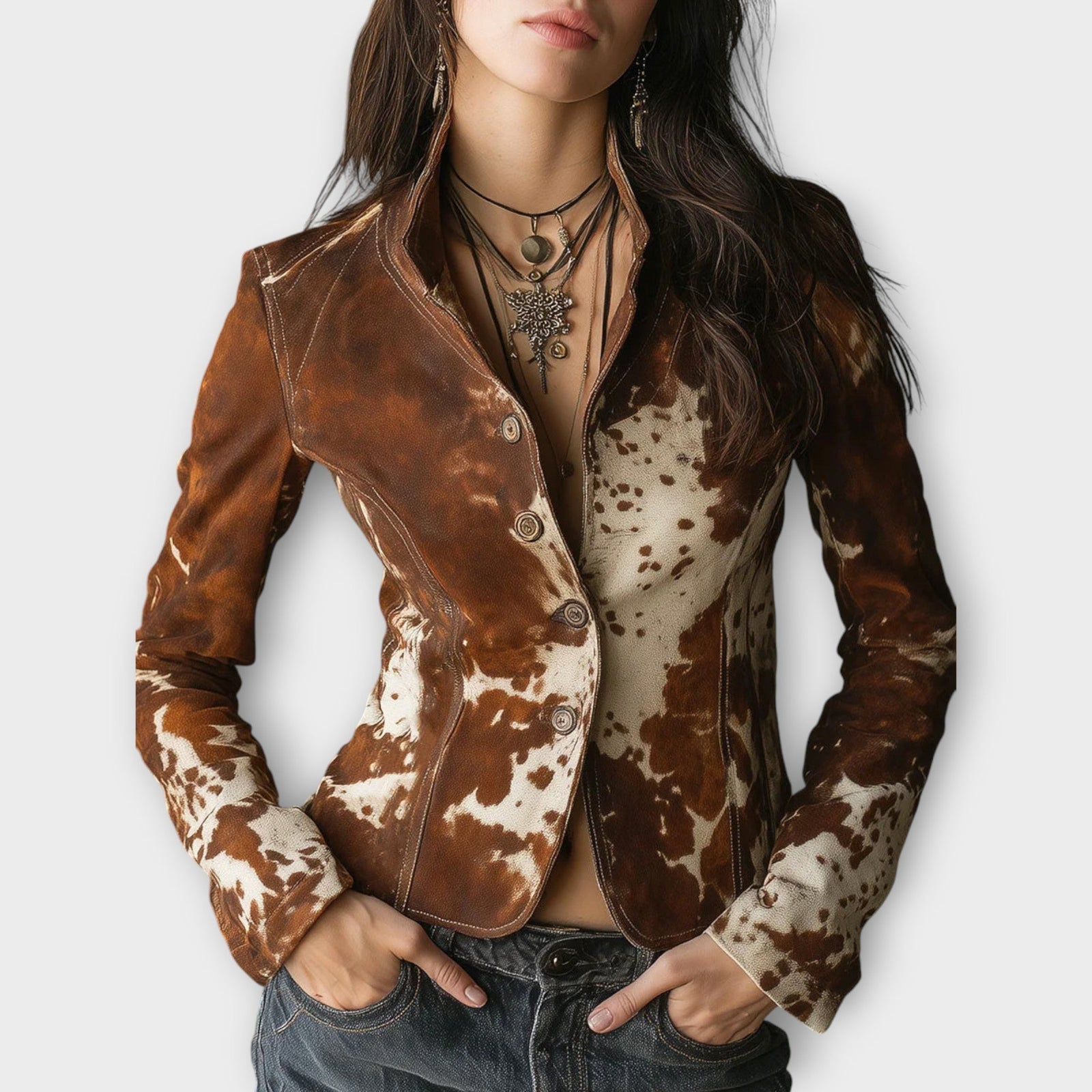 Vintage Western Cowhide Print Suede Jacket