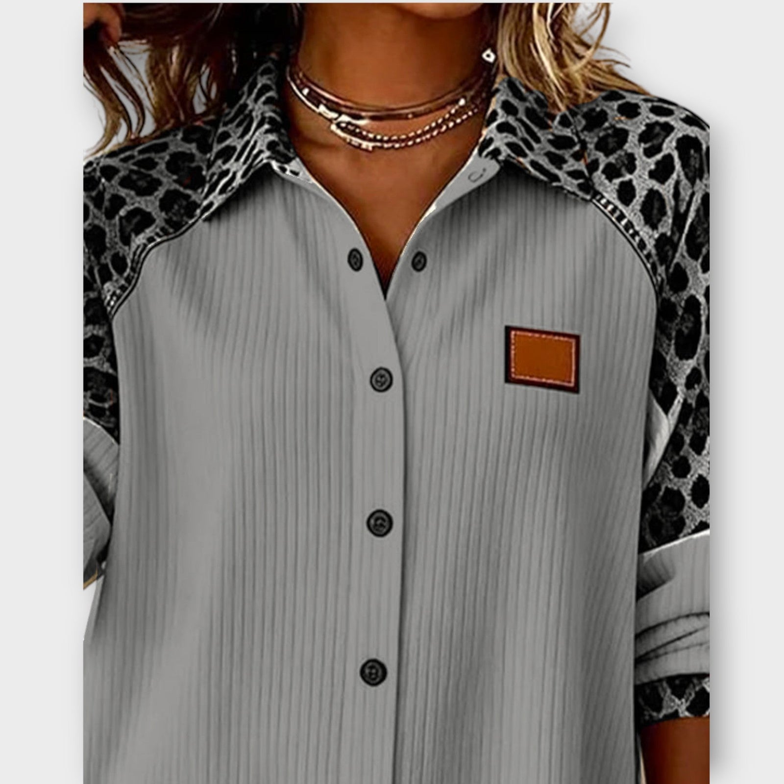 Leopard Patchwork Button-Down Top