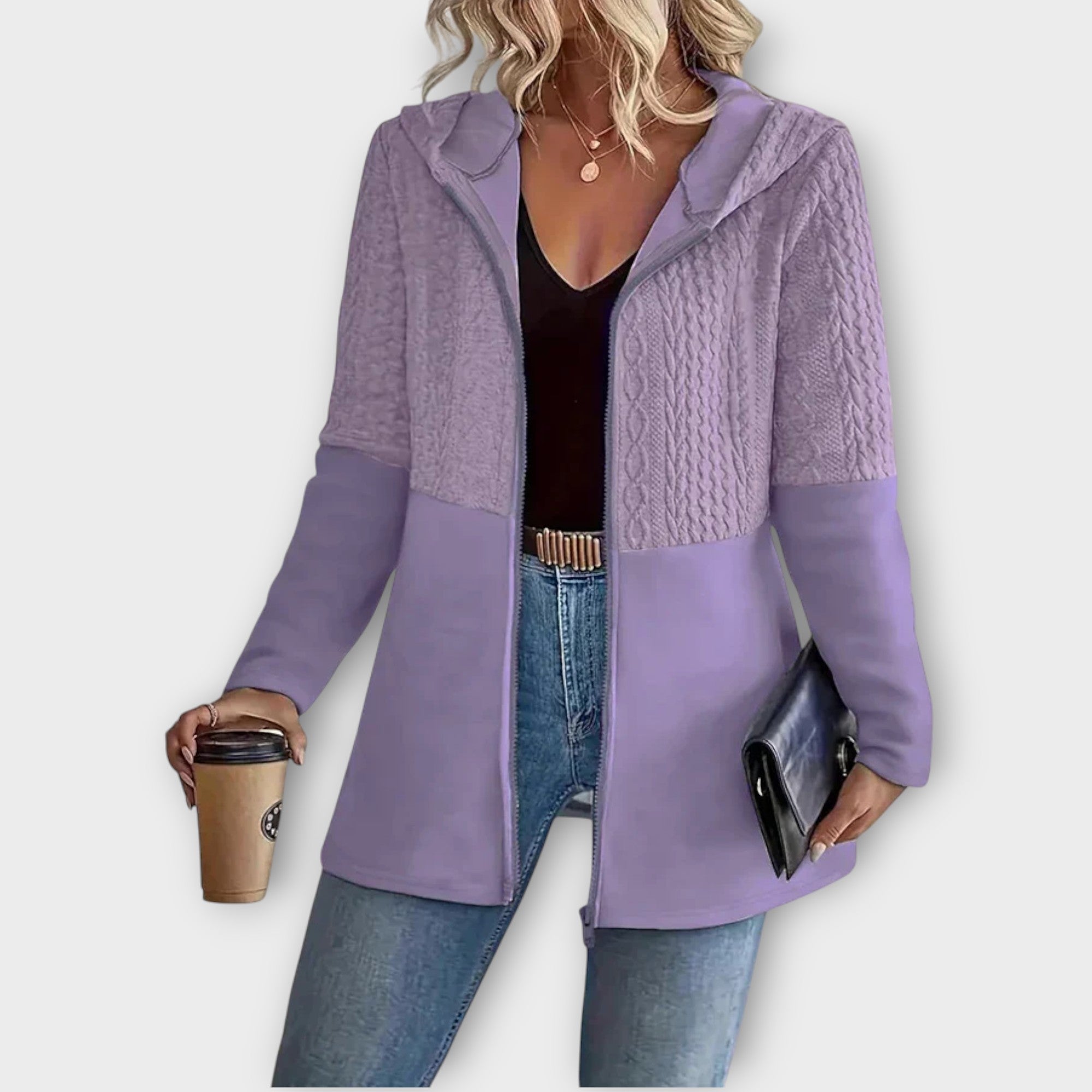 Cozy Knit-Panel Zip Hoodie Jacket