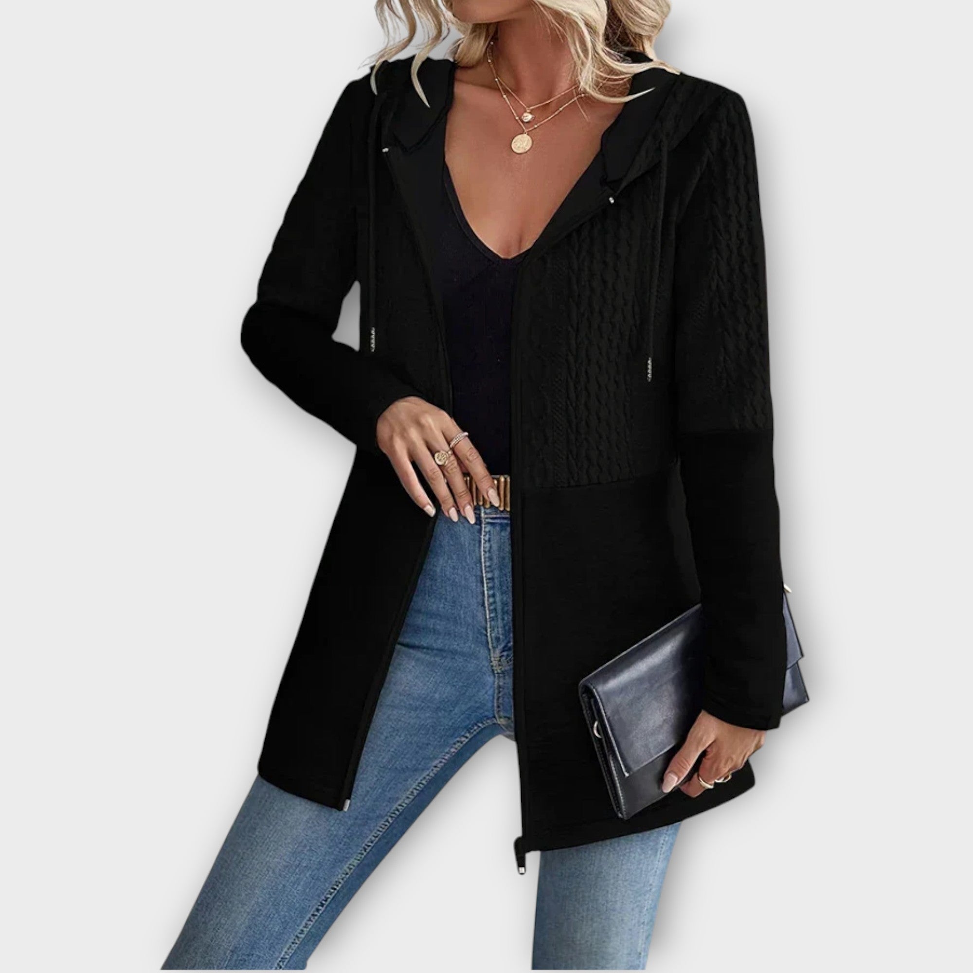 Cozy Knit-Panel Zip Hoodie Jacket