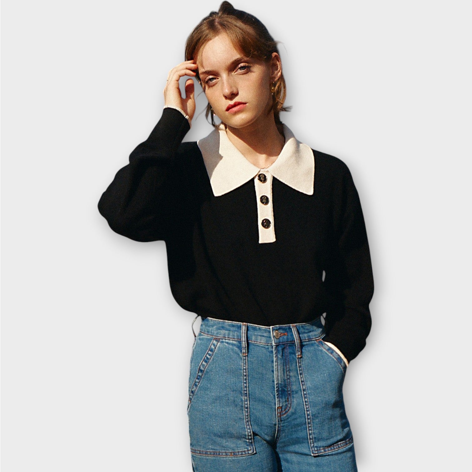 Classic Contrast-Collar Knit Top