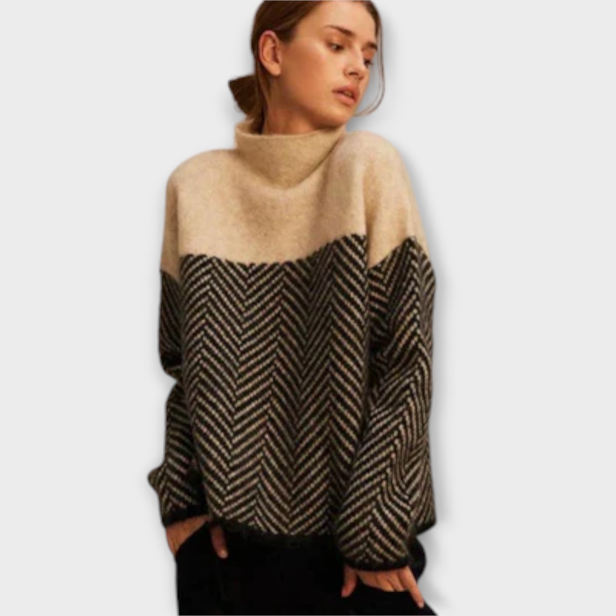 Cozy Two-Tone Herringbone Knit Sweater