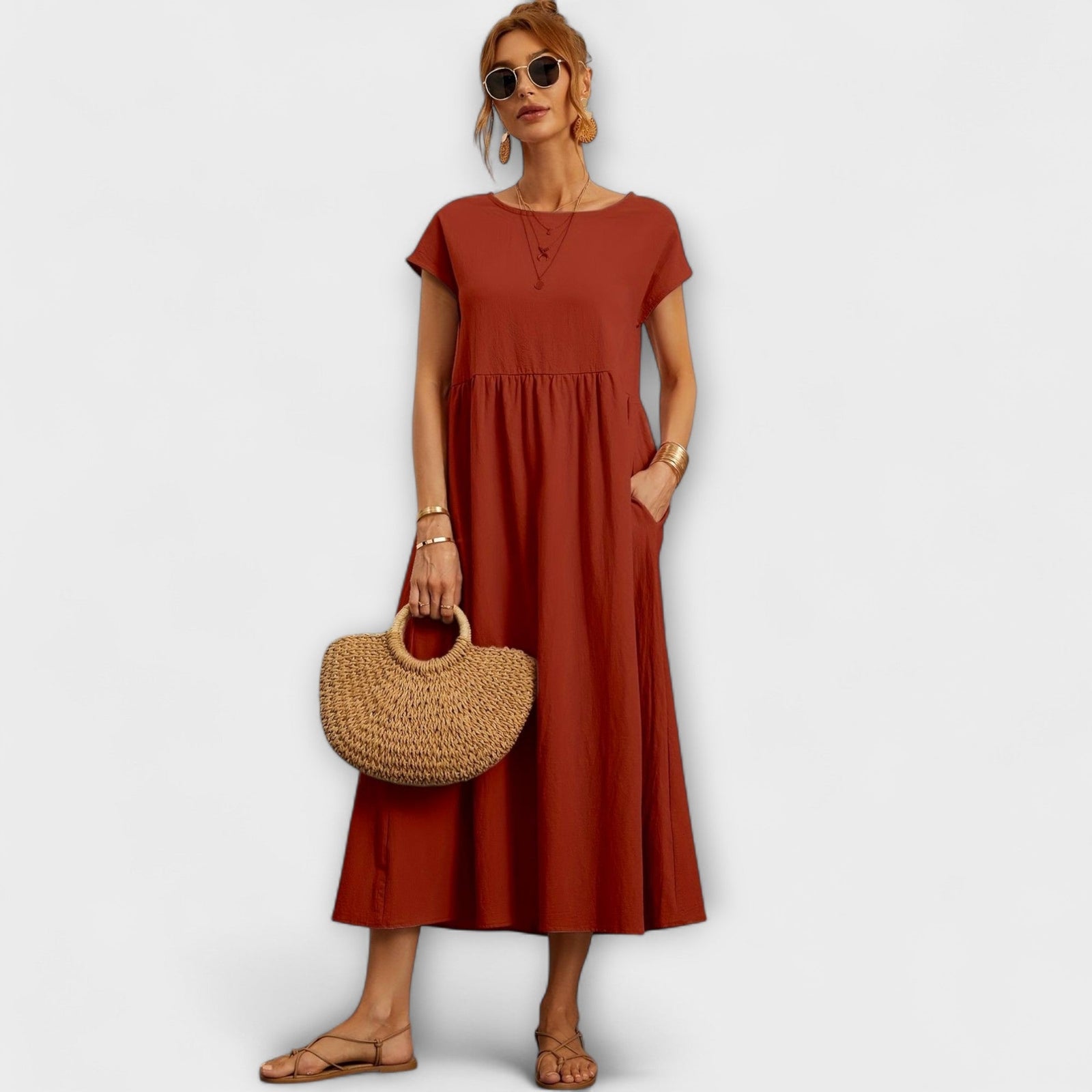 Midi Dress with Simple Line and Side Pockets