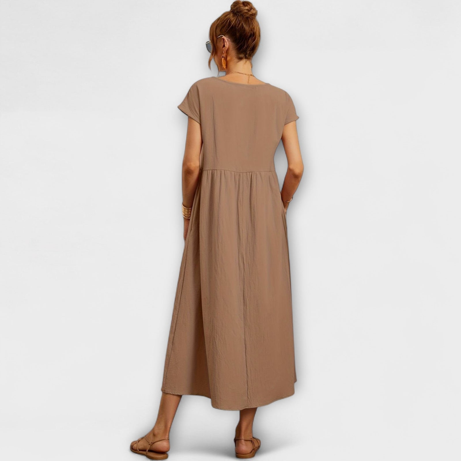 Midi Dress with Simple Line and Side Pockets