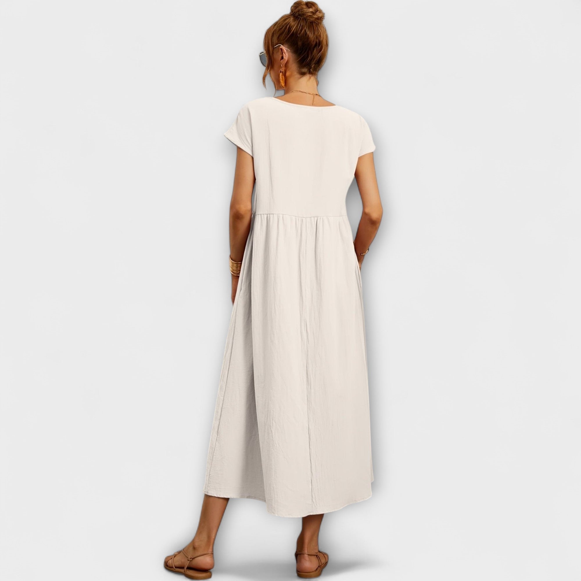 Midi Dress with Simple Line and Side Pockets