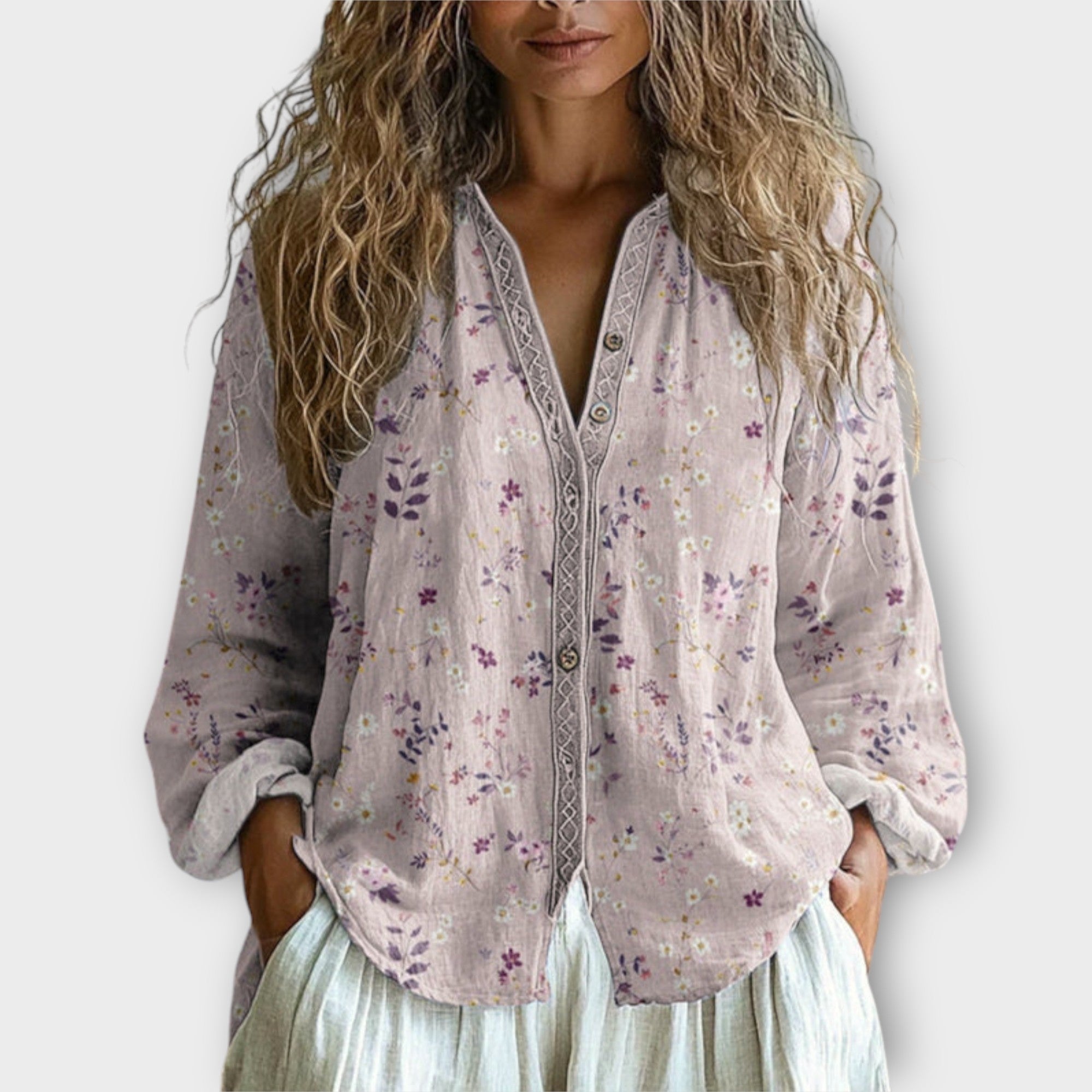 Relaxed Button-Front Blouse with Artistic Detailing