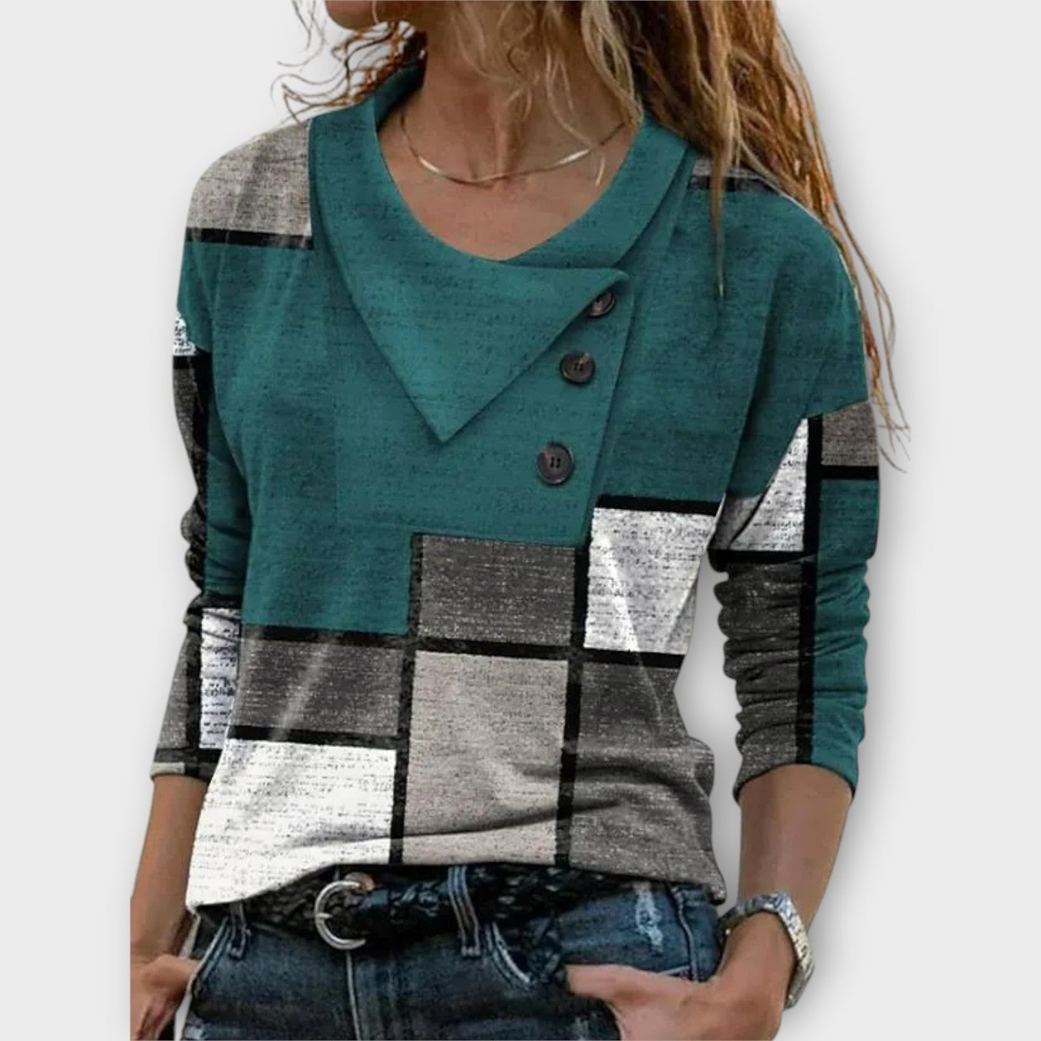 Asymmetrical Button Patchwork Top