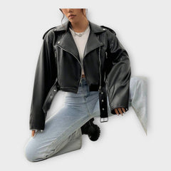 Short Leather Jacket with Belt