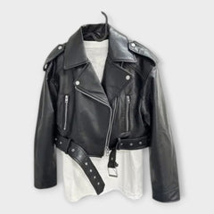 Modern Short Leather Jacket with Belt and Refined Aesthetic