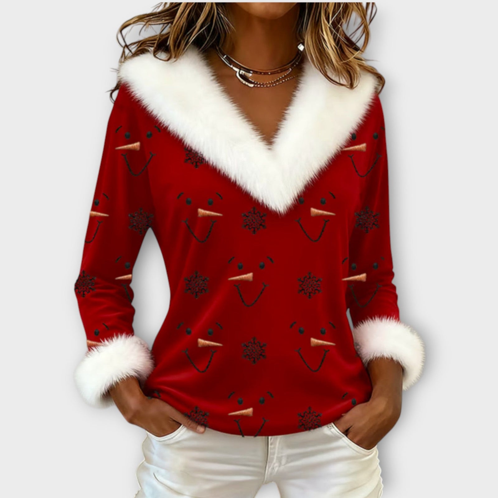 Frosty Smile Faux-Fur Holiday Top