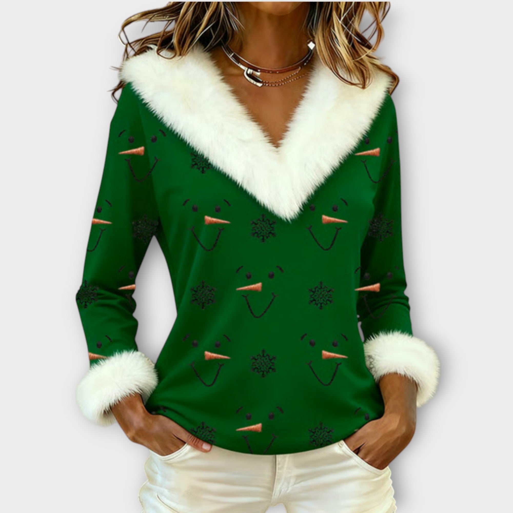Frosty Smile Faux-Fur Holiday Top