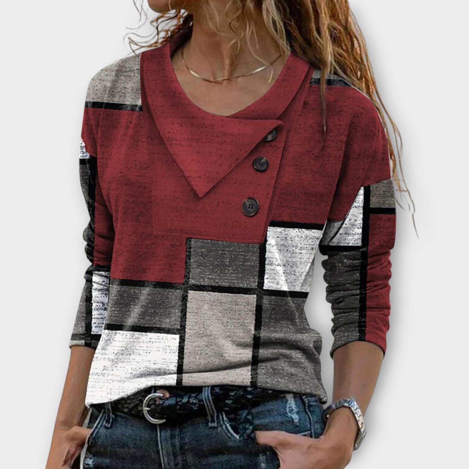 Asymmetrical Button Patchwork Top