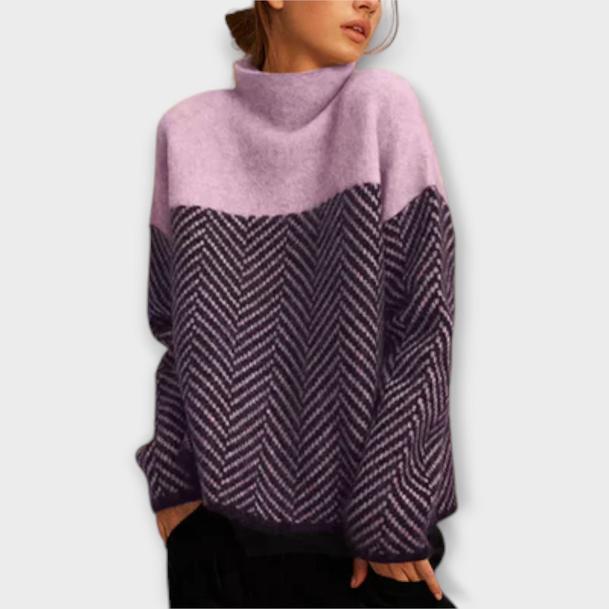 Cozy Two-Tone Herringbone Knit Sweater