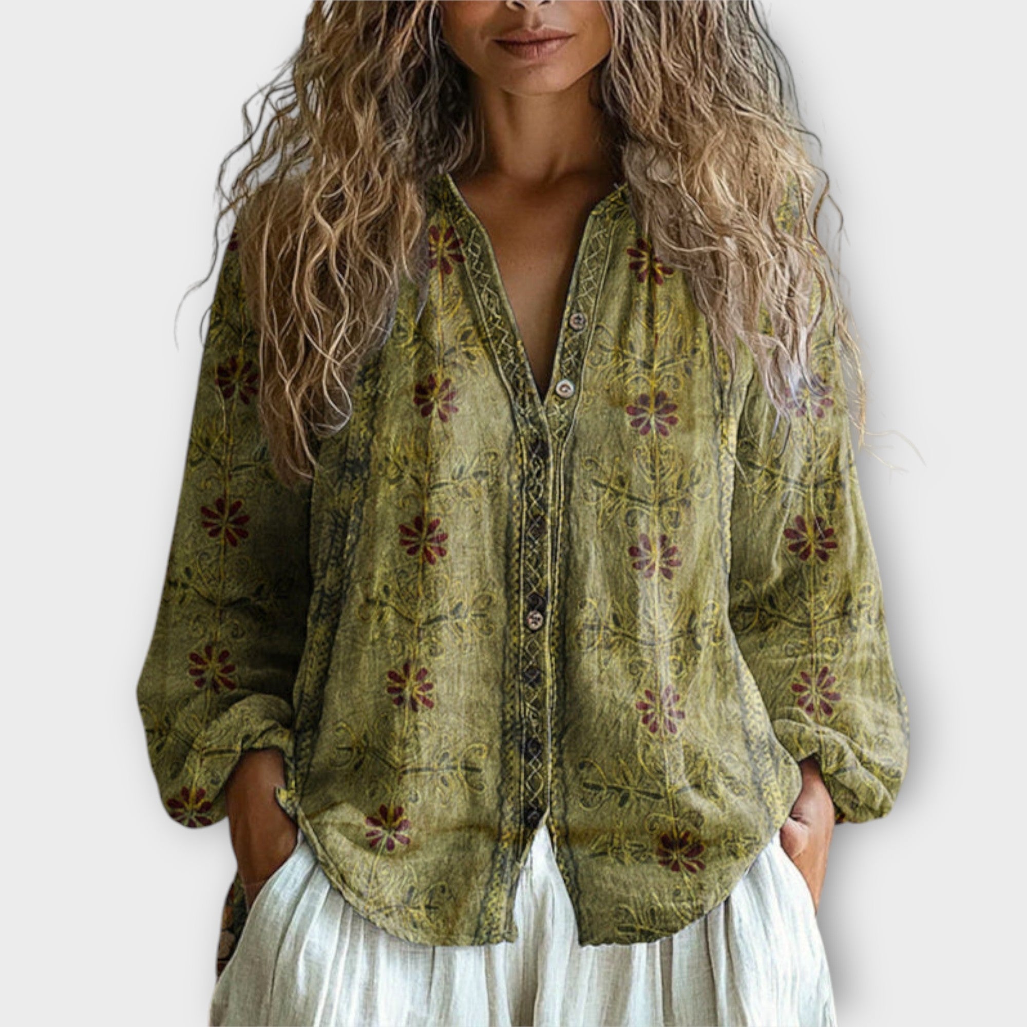 Relaxed Button-Front Blouse with Artistic Detailing