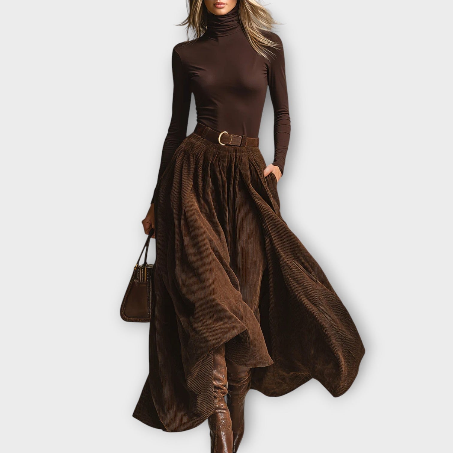 Elegant Turtleneck &amp; Corduroy Maxi Set