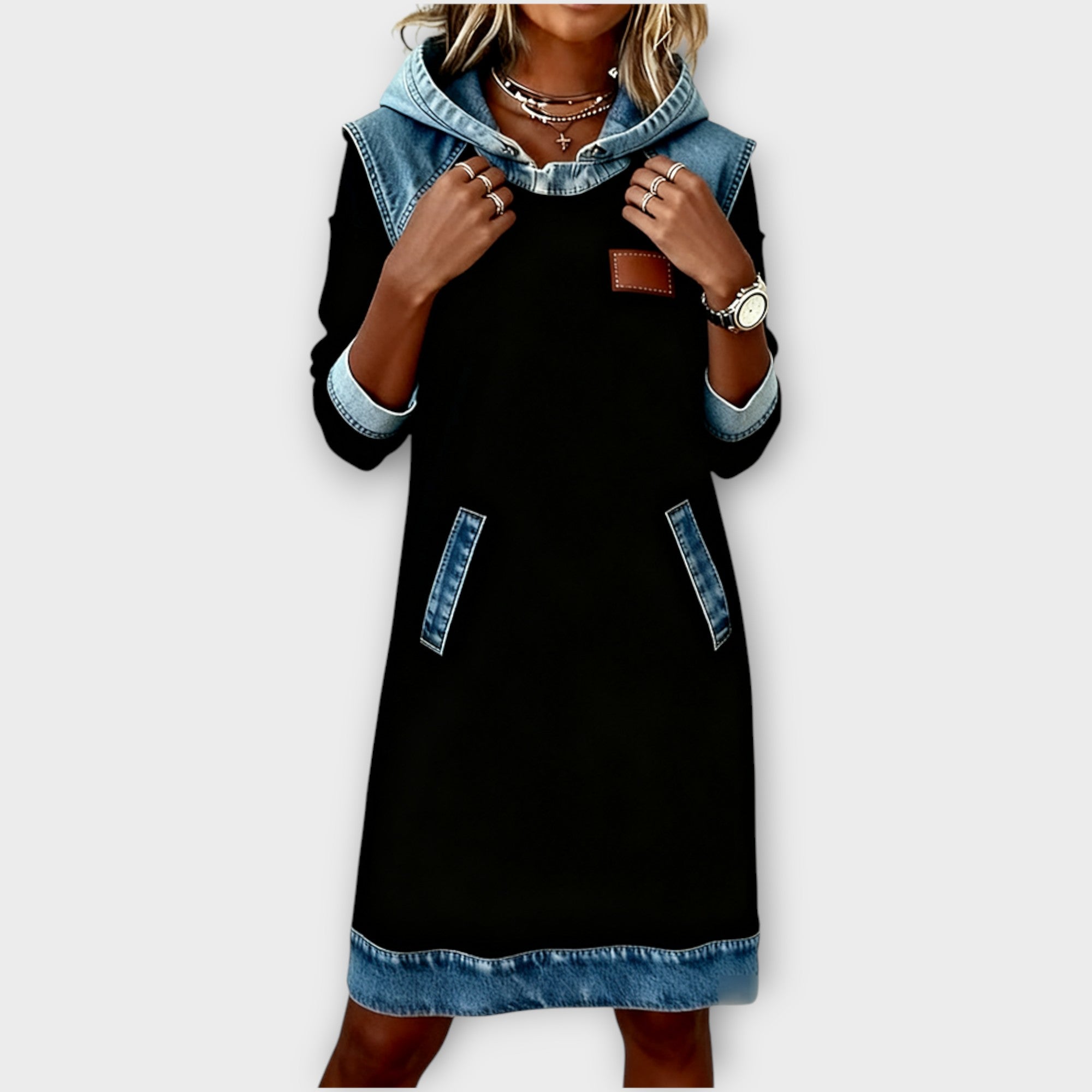 Denim-Trim Hoodie Sweater Dress