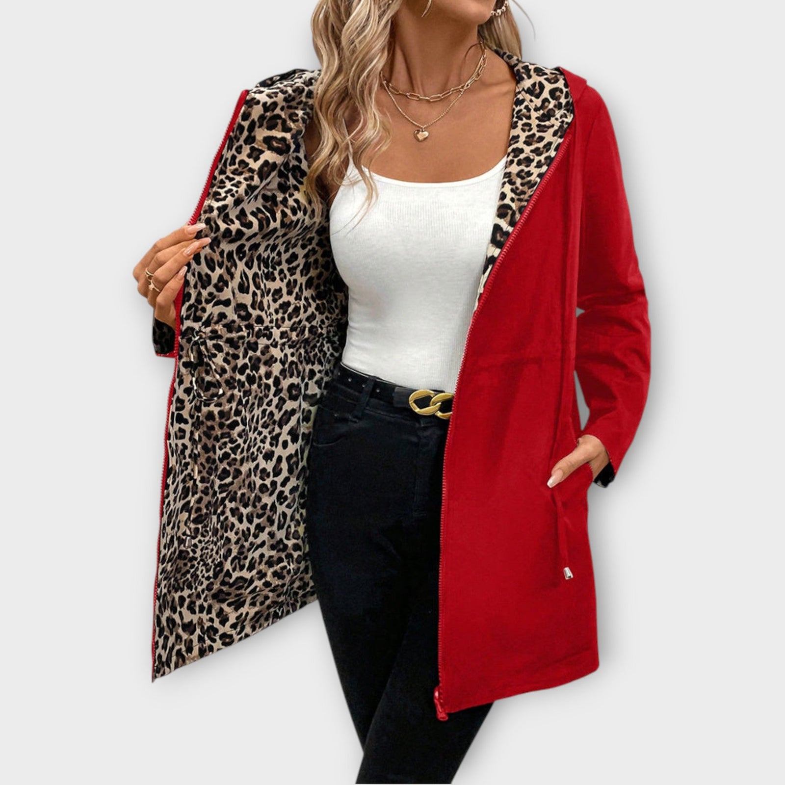 Reversible Hooded Coat with Leopard Print