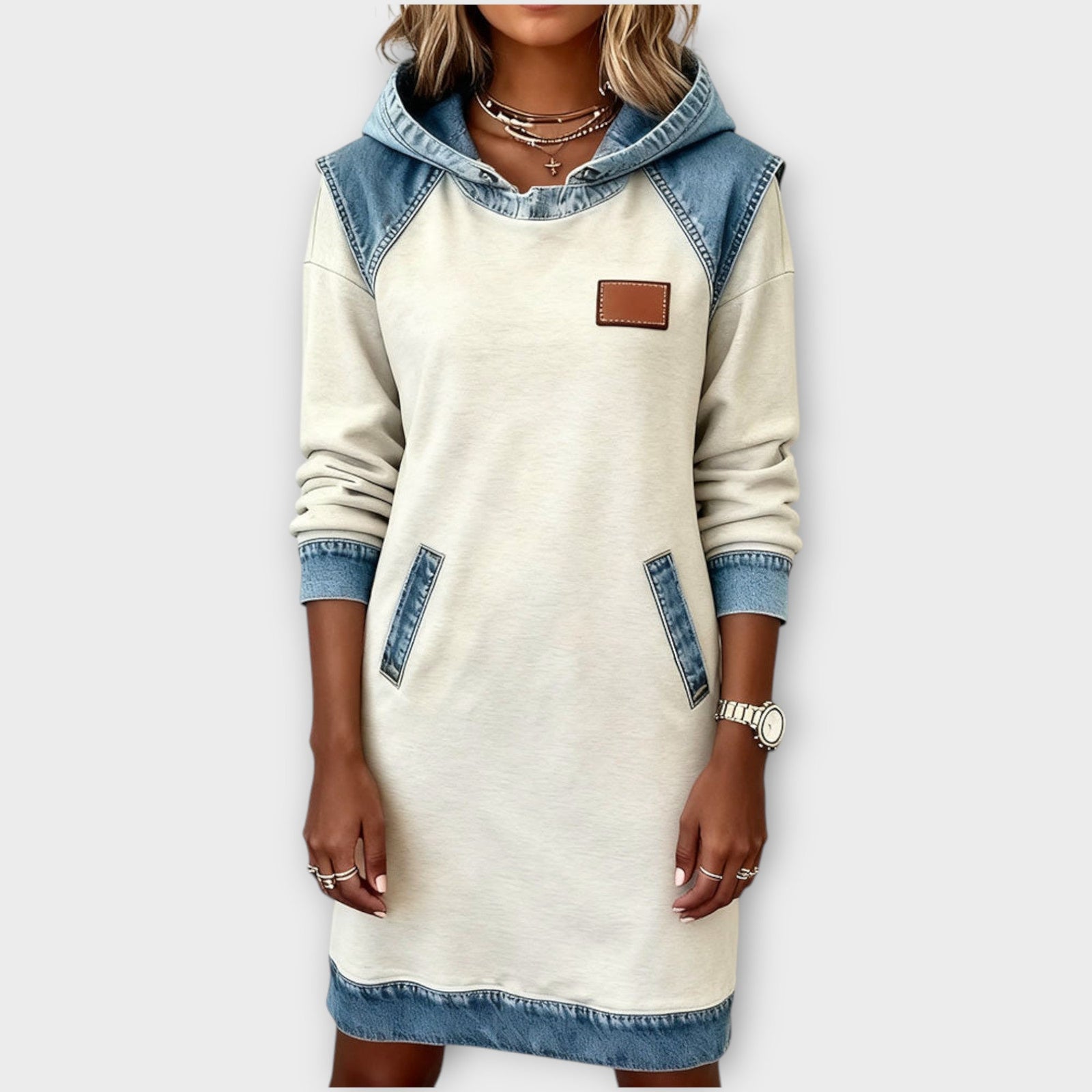Denim-Trim Hoodie Sweater Dress