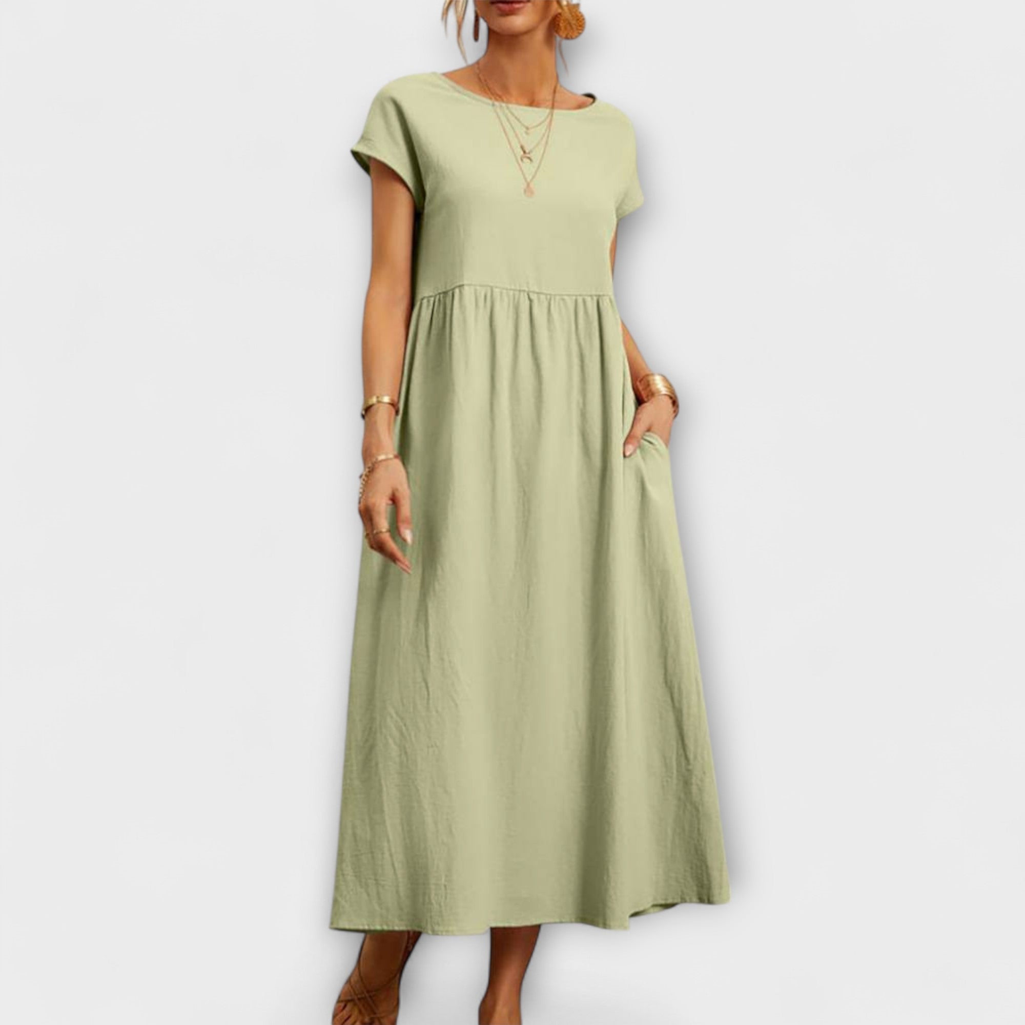 Midi Dress with Simple Line and Side Pockets