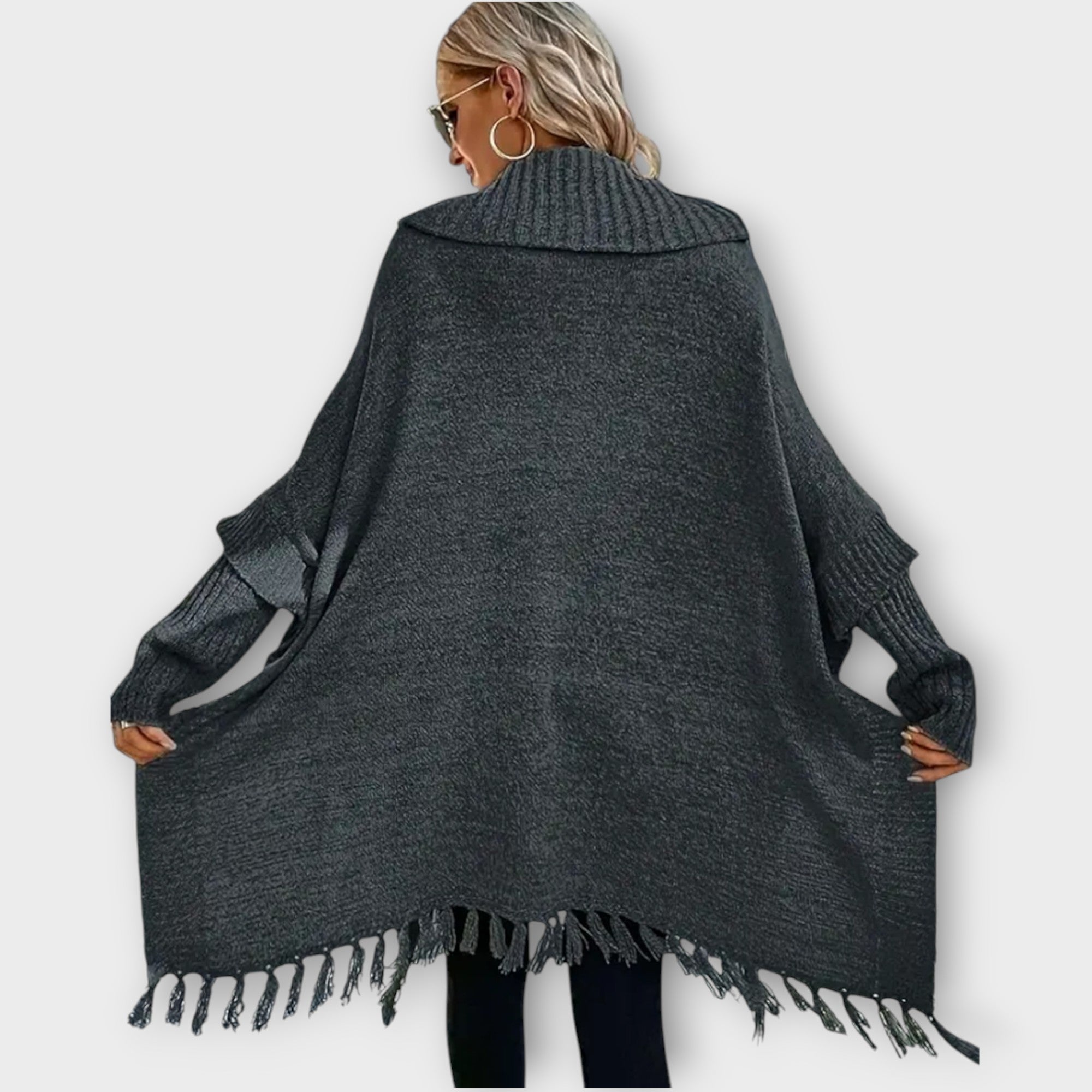 Fringed Turtleneck Oversized Poncho Sweater