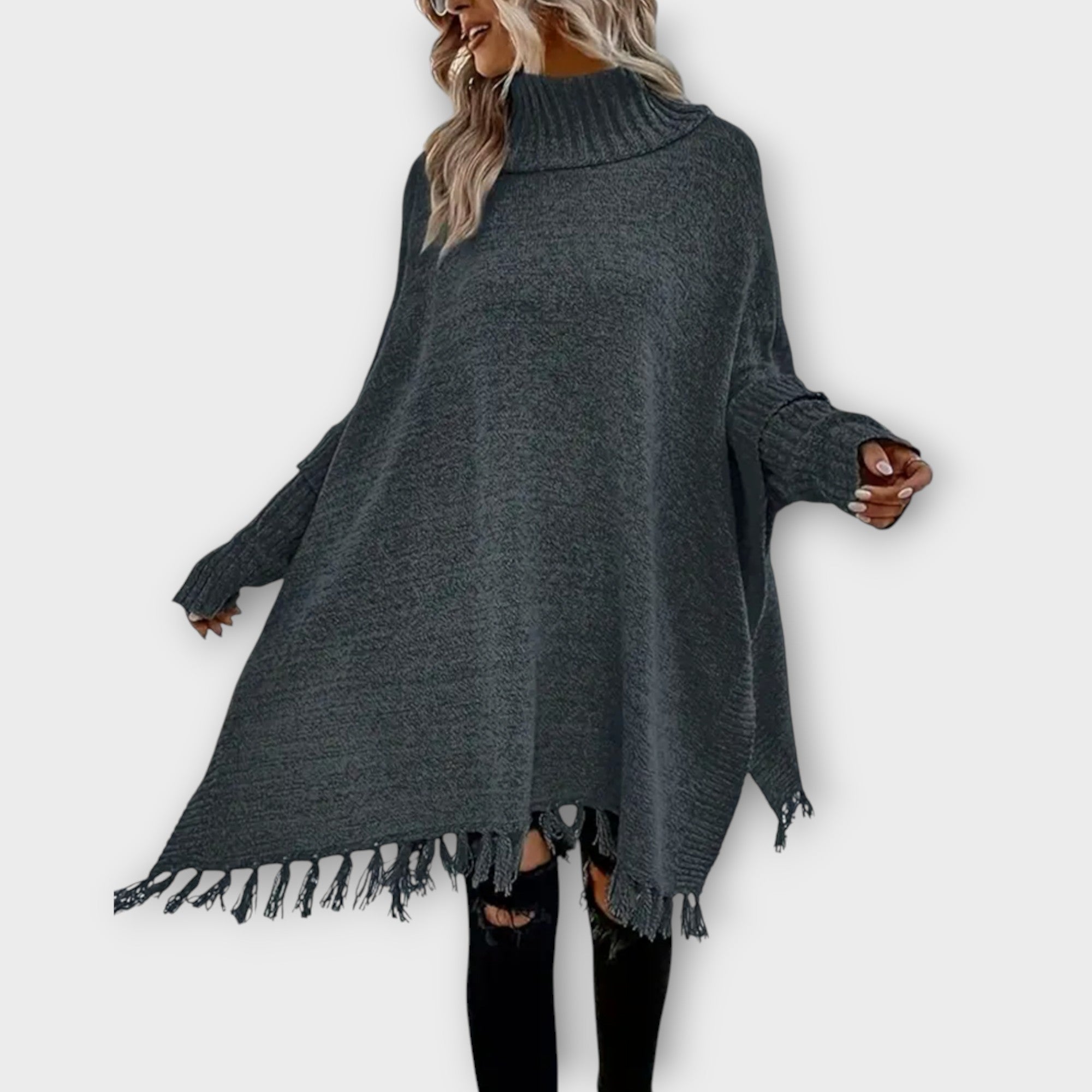 Fringed Turtleneck Oversized Poncho Sweater