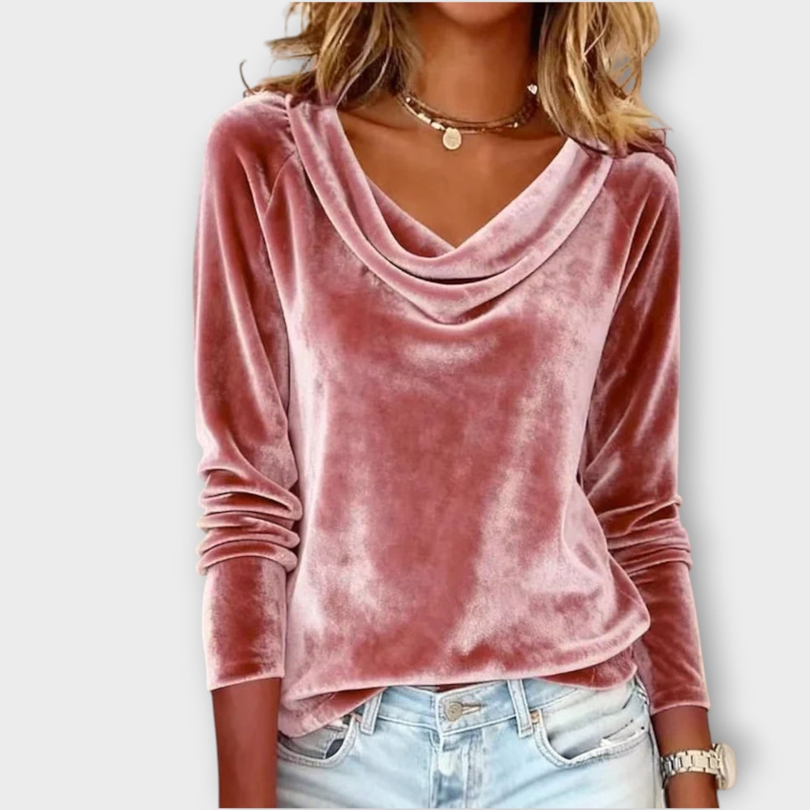 Velvet Draped Neck Long-Sleeve Top