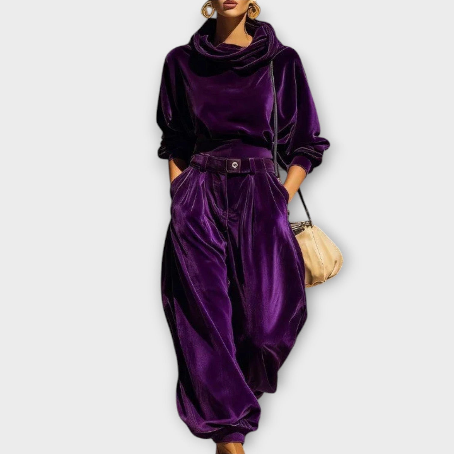 Velvet Draped Top & Wide-Leg Pants Set