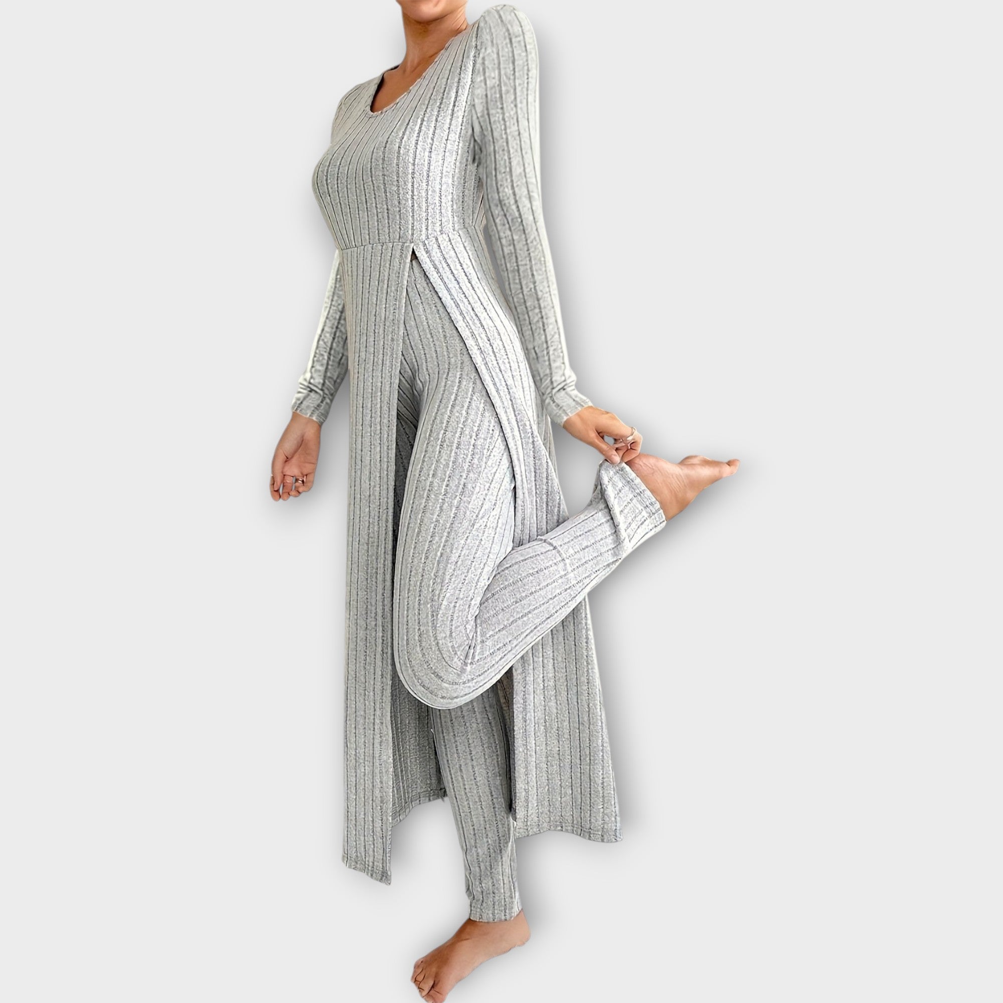 Ribbed Knit Lounge Set with Split Tunic