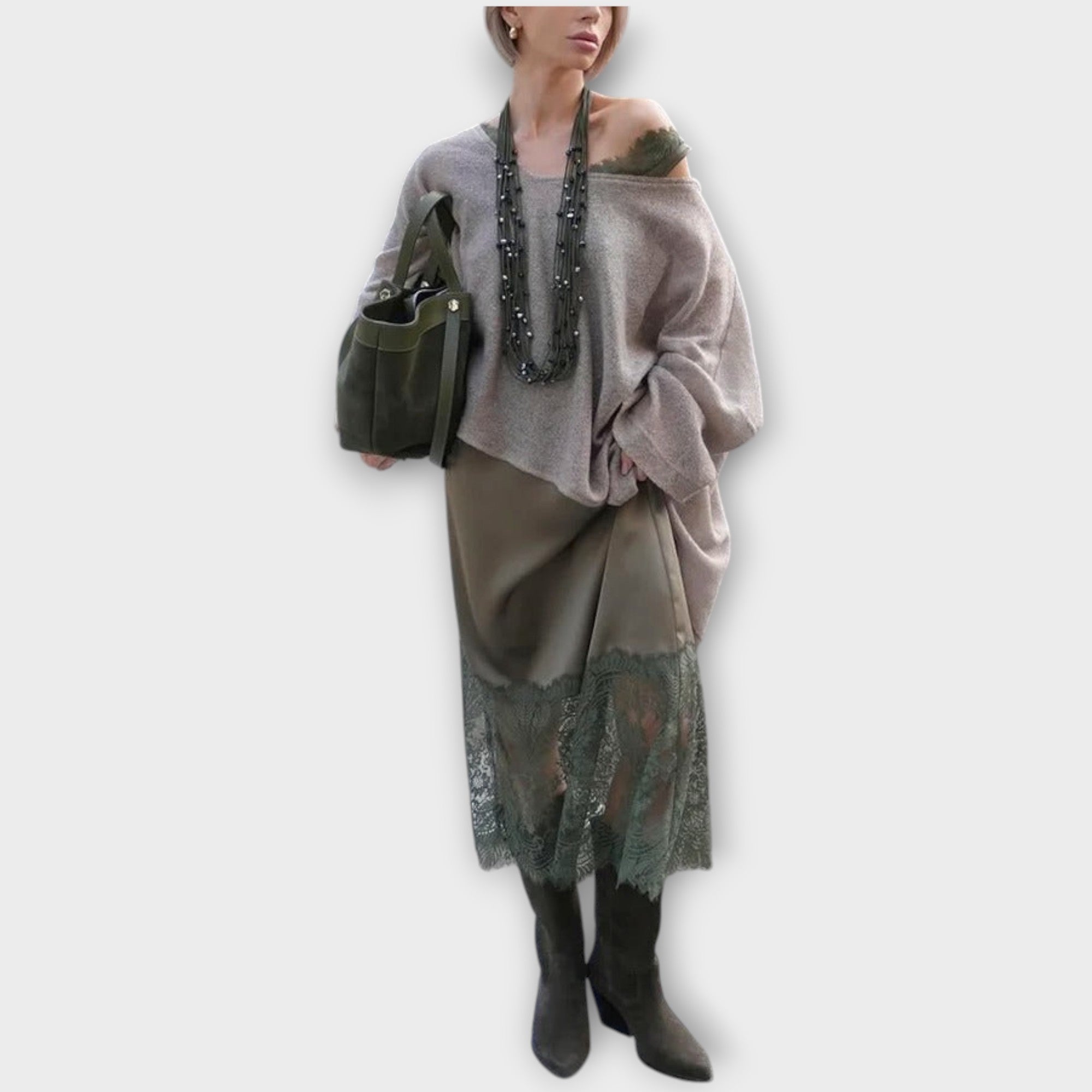 Satin Lace Hem Midi Skirt with Relaxed Sweater Set