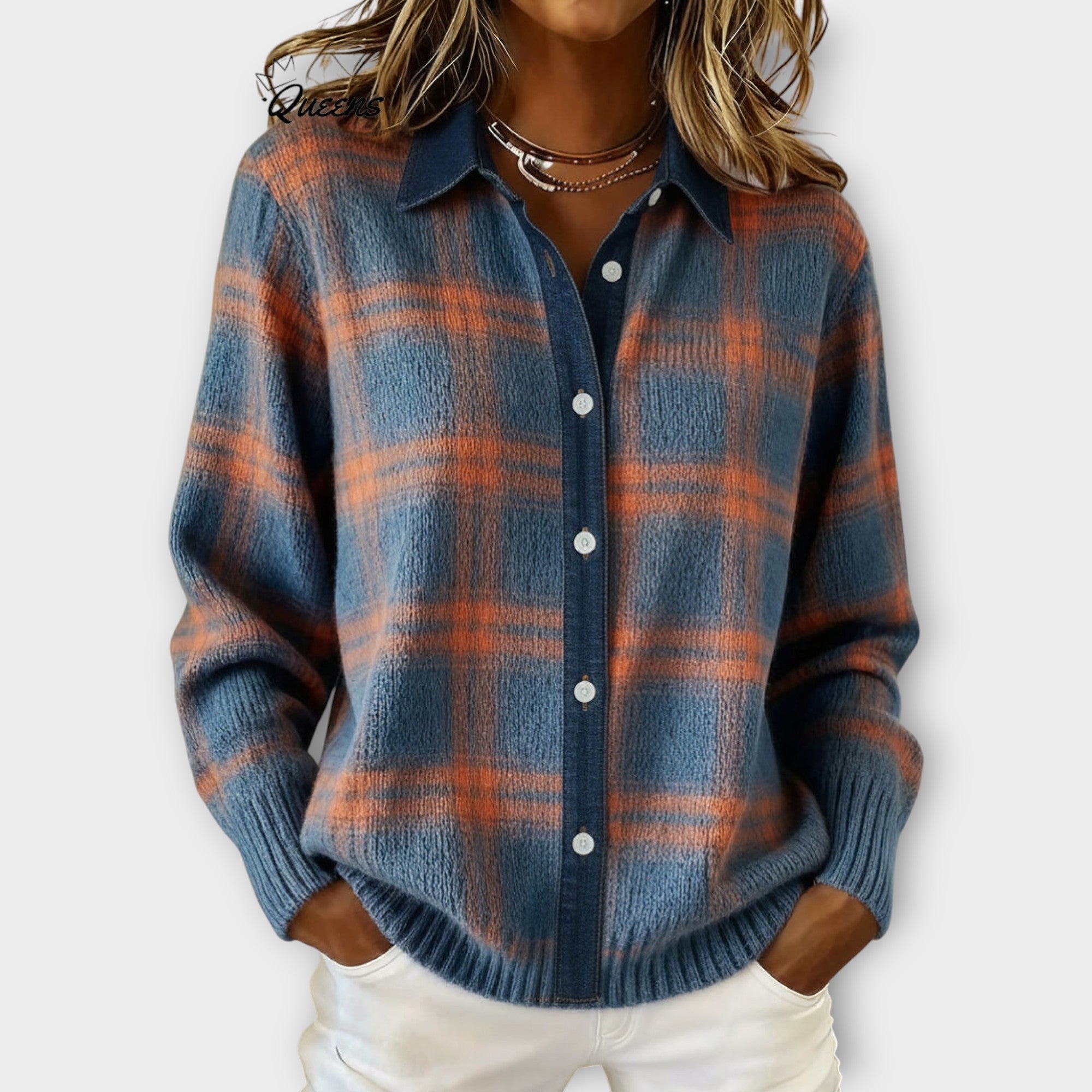 Soft Knit Check Button-Up Sweater