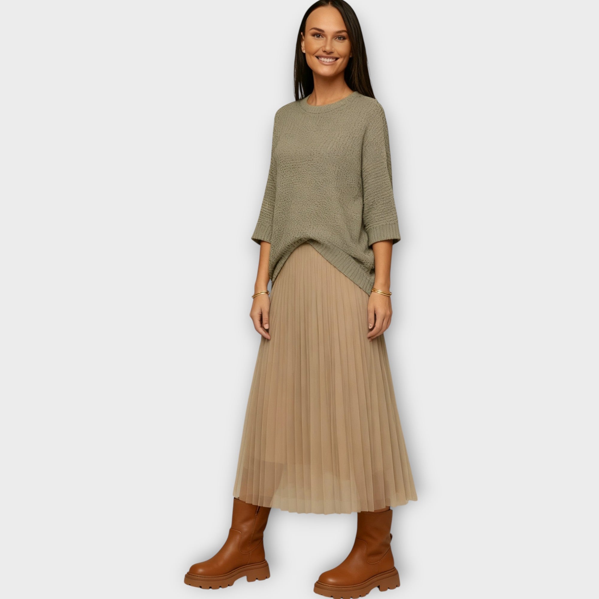 Layered Knit Top & Pleated Midi Skirt Set