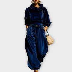 Velvet Draped Top & Wide-Leg Pants Set