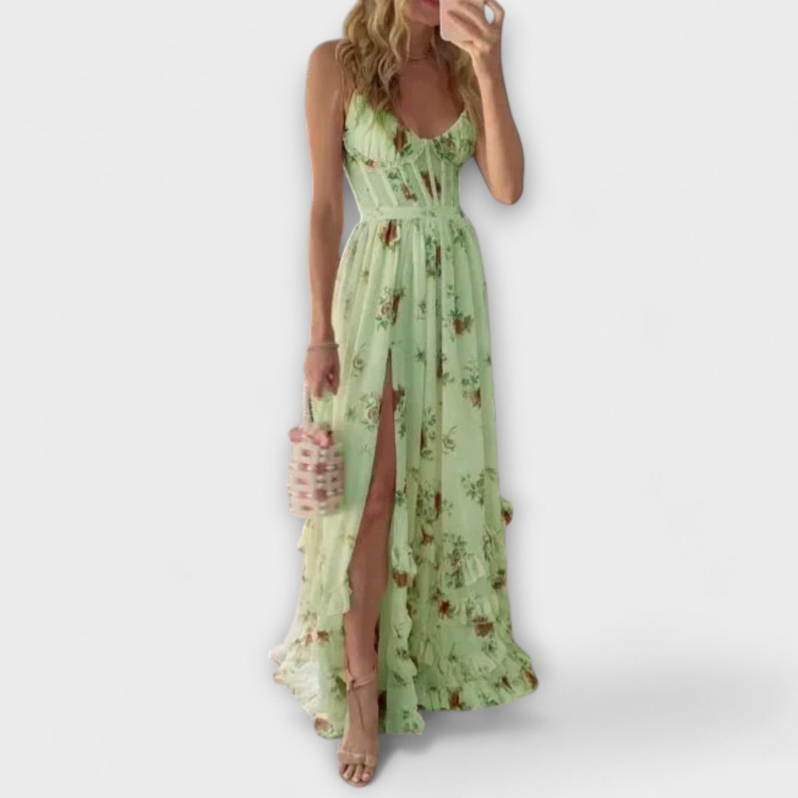 Maxi Dress with Floral Design and Slit