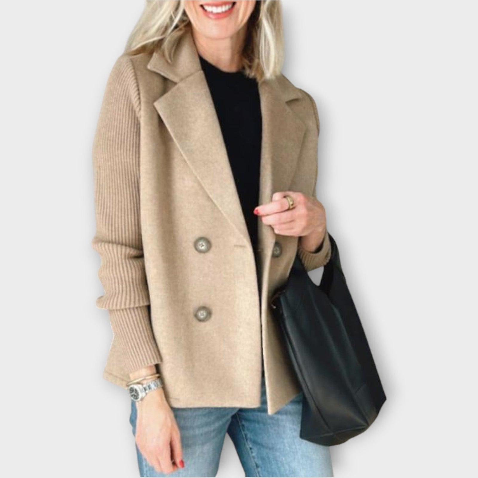 Double-Breasted Knit-Sleeve Blazer