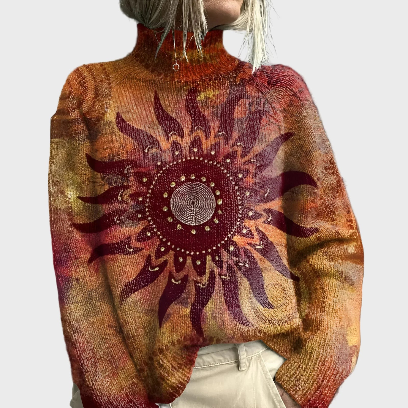 Knitted Turtleneck with Sun and Tribal Design