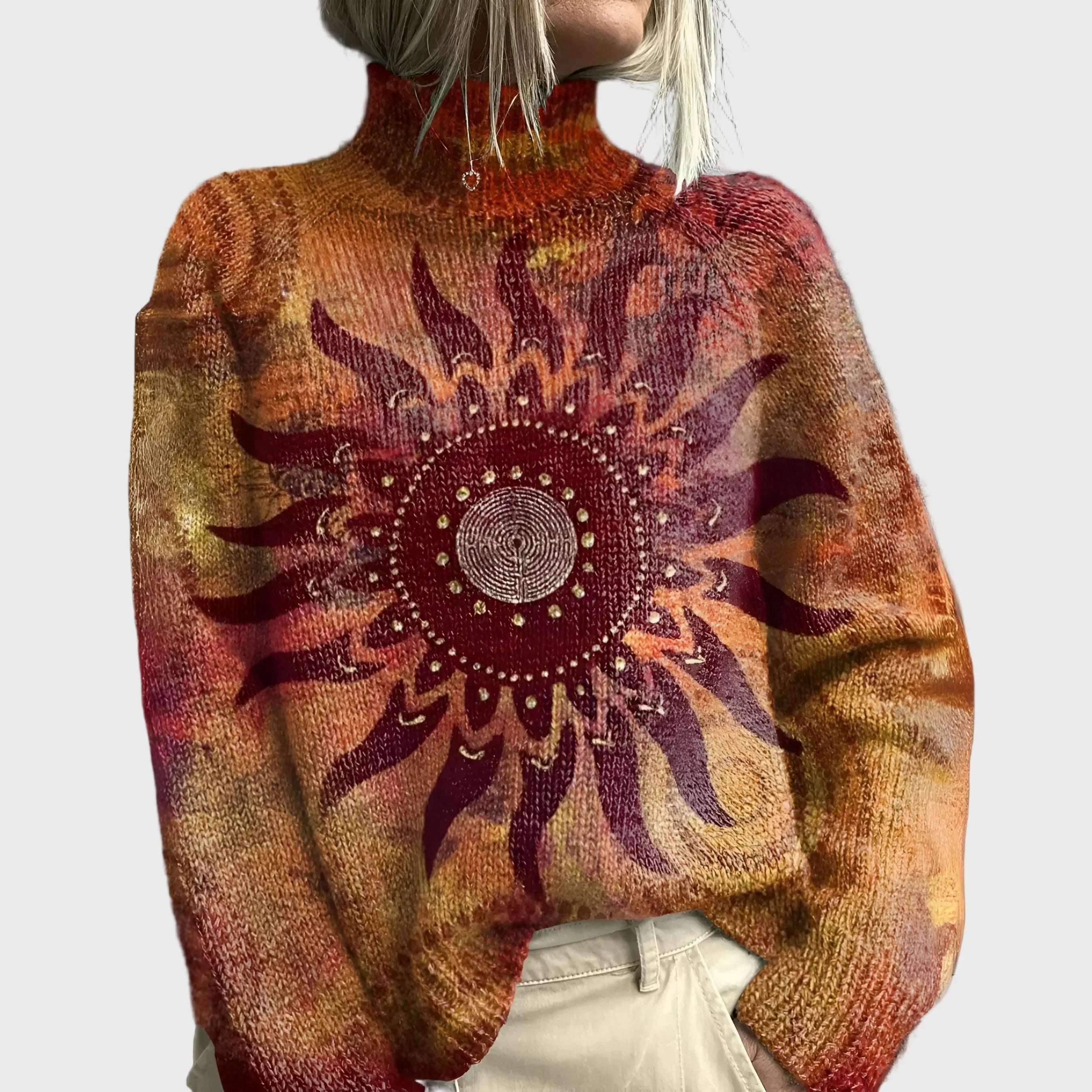 Knitted Turtleneck with Sun and Tribal Design